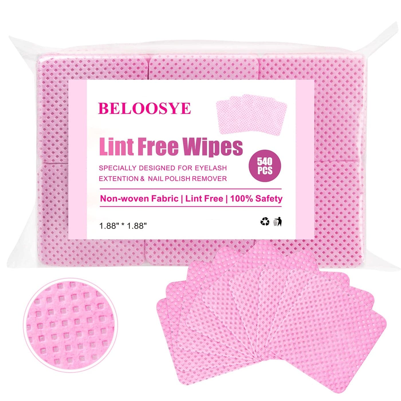 540 PCS Lint Free Nail Wipes Eyelash Extension Glue Wipes Super Absorbent Soft Nonwoven Fabric Nail Polish Remover Wipes Cleaning Pad Cloth for Lash Extension Supplies Nail Polish BottlePink