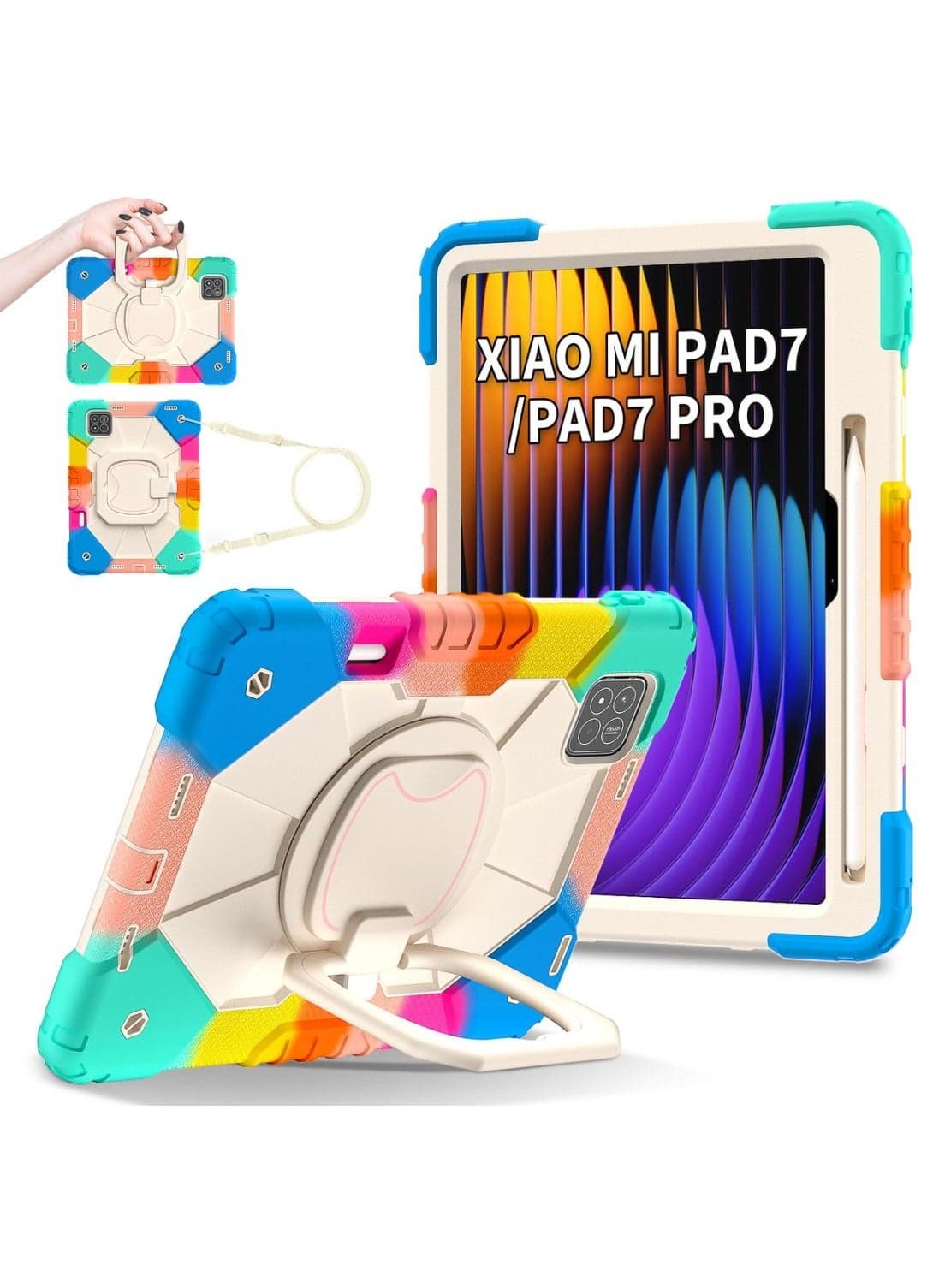 Tablet Case for Xiaomi Pad 7/ Xiaomi Pad 7 Pro 11.2 inch 360 Degree Rotating Multi-Function Grip Bracket Full Protective Shockproof Cover with Shoulder Strap