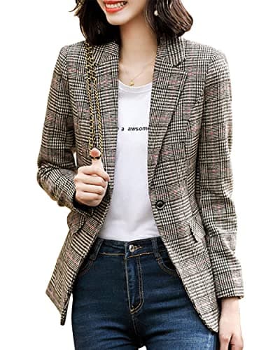 ebossy Women's Notch Lapel 2 Button Boyfriend Blazer Suit Houndstooth Plaid Jacket Coat (Medium, X-Light Grey)