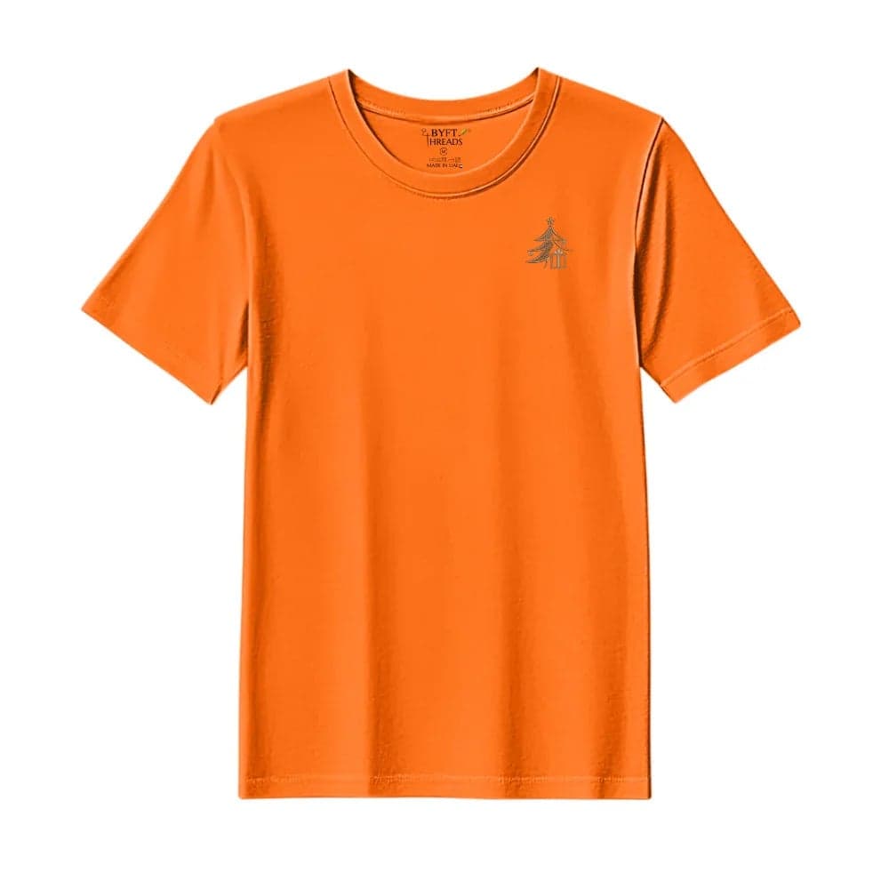 Threads Large Orange Polycotton T-Shirt - Christmas "Elegant Christmas Tree with Gift" Embroidered Design, Premium Holiday Collection