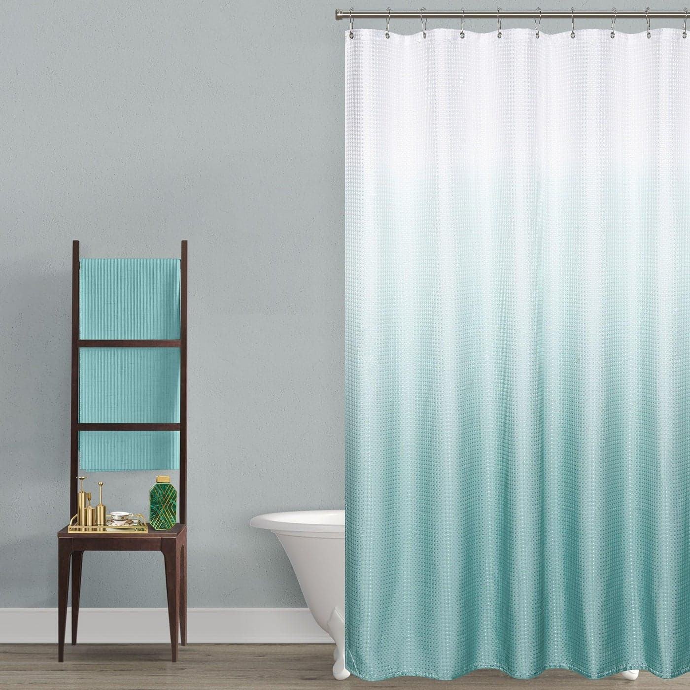 MrsNaturall Aqua Shower CurtainCoastal Theme Washable Fabric Cloth Beach Shower Curtain Set with Hooks for Ocean Bathroom DecorSeafoam Sea Foam Mint Green Spa Blue