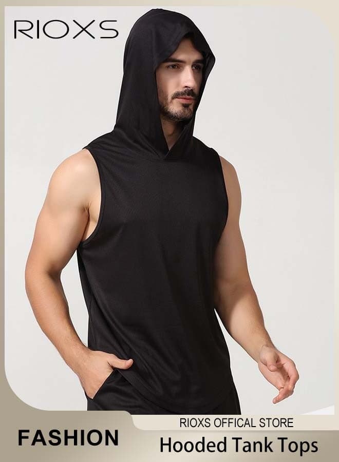 Men's T-Shirt, Workout Hooded Tank Tops,Sports Training Sleeveless Shirts For Men, Gym Hoodies Bodybuilding Muscle Cut Off T-Shirts, Comfy Lightweight Mens Tops, Black Fitness Exercise Beaters Tops For Men