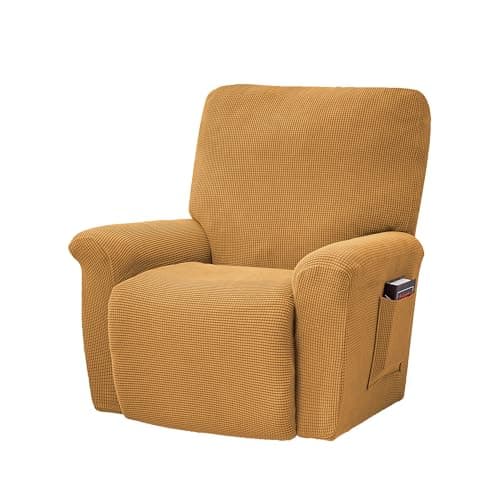 CONRUSER Stretch Recliner Chair Covers, 4-Piece Soft Sofa Cover Thick Single Seat Couch Cover Jacquard Recliner Slipcover with Pocket (Gold)