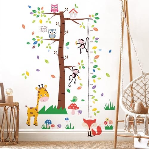 3D Cartoon Animal Height Growth Chart for Kids Wall Stickers Removable DIY Trees and Leaves Wall Stickers Vinyl Flowers Plants and Mushrooms Wall Art Decor for Nursery Kids Bedroom Living Room