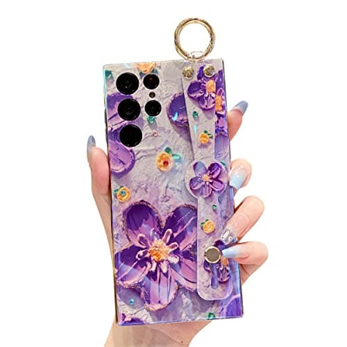 Meishangmei for Samsung Galaxy S22 Ultra Case 6.8" Sparkle Bling with Strap Stand Cute Oil Painting Flower Pattern Design Silicone Shockproof Protective Glitter Case for Girls Women - Purple Flower
