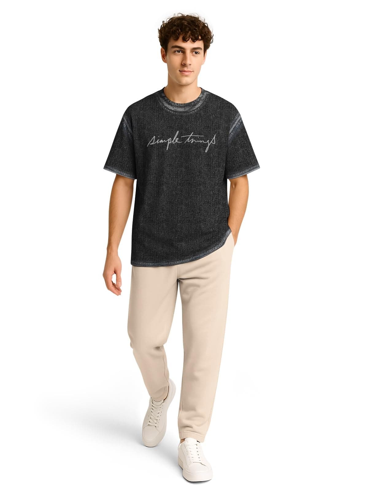 BULLMER Trendy Co-ords with Oversized T-Shirt & Pants Clothing Set for Men | Cotton Blend Cord Set for Men Denim Black/Beige Small