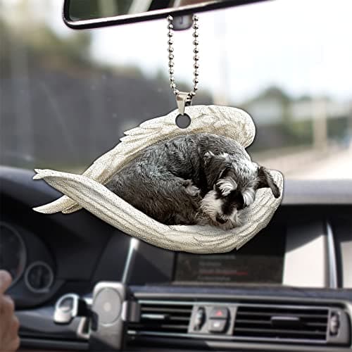 Talataca Miniature Schnauzer Sleeping Angel Wing Memorial Dog 2D Flat Car Rear View Mirror Accessories Christmas Tree Ornament Decoration Hanging Charm Interior Rearview Pendant Decor Gift
