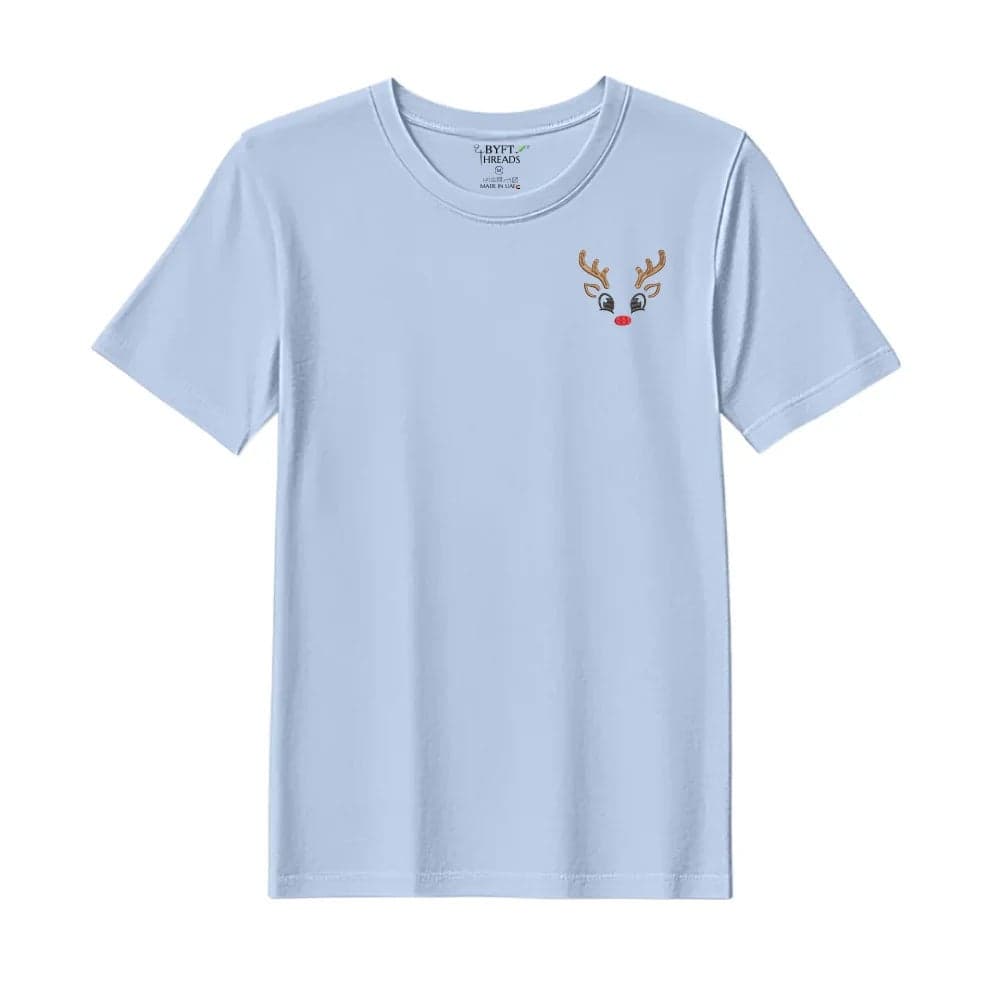 Threads Medium Sky Blue Polycotton T-Shirt - Christmas "Reindeer Face" Embroidered Design, Premium Holiday Collection
