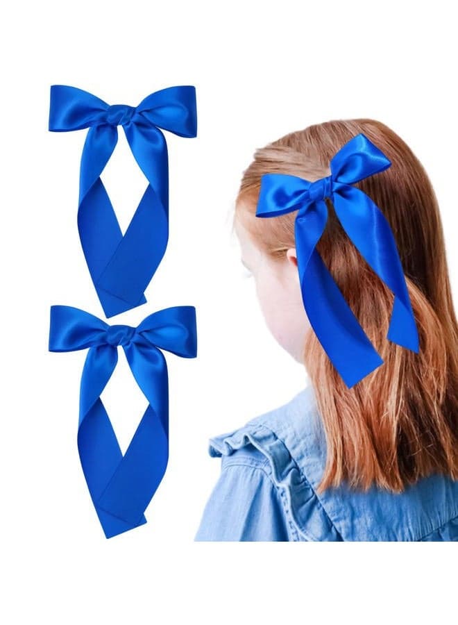 2Pcs Long Ribbon Hair Bows for Girls Hair Clip Silk Hair Bow Ribbon Hair Accessories for Baby Toddlers Infant Teens Kids (Blue)