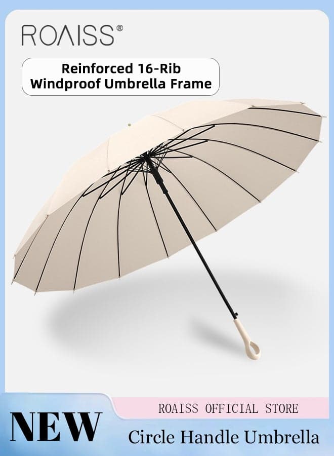 Multifunctional Long Handle 16 Rib Umbrella with Ring Handle, Fruit Color Waterproof Enlarged Automatic Umbrella with Reinforced Fiberglass Ribs for Effective Wind Rain and Sun Protection, Beige