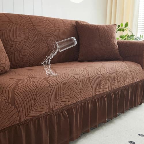 WONGS BEDDING Stretch Velvet Sofa Slipcover, Cushion Couch Cover with Skirt, Pet Friendly Durable Washable Stretchable, Easy Fit Universal Furniture Protector, (45"-66",Brown)