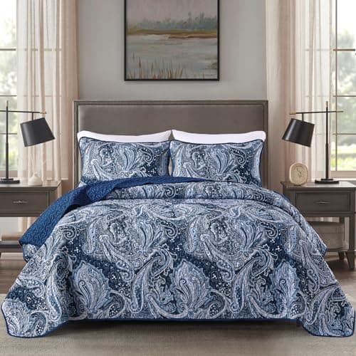 DJY Navy Paisley Quilt Set Full Size Boho Bedspread Coverlet Set 3 Pieces, Soft Lightweight Microfiber Navy Blue Paisley Floral Pattern Bedding for All Season, 90"x80"