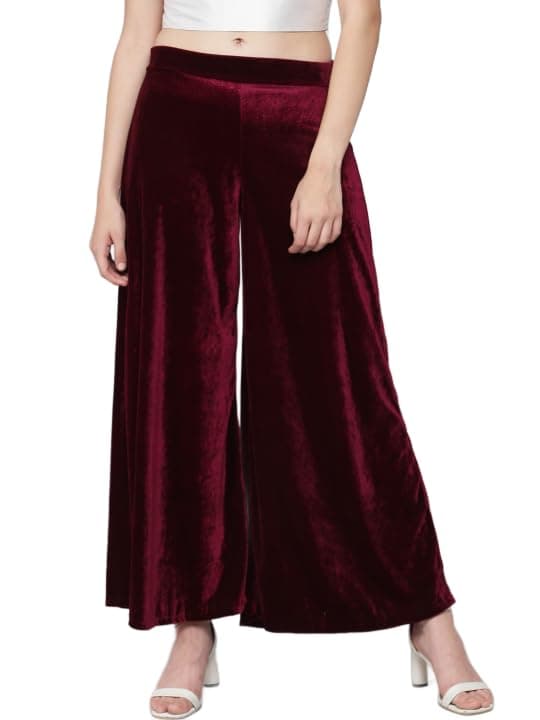 Vaararo Party Trousers for Women | Shiny Velvet Fabric Wide Bottoms Stylish Palazzo Pants Wine Large