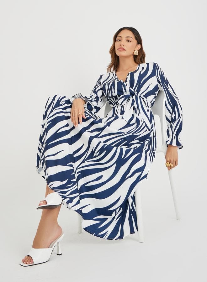 Take Two Women Abstract Printed V Neck Belted A-Line Maxi Dress