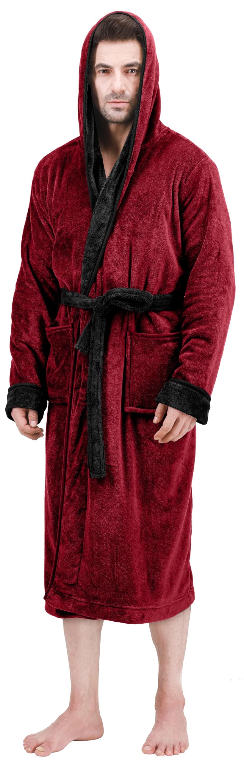 NY Threads Mens Hooded Fleece Bathrobe Plush Long Spa Robe Pack of 1 SmallMedium Burgundy and Black