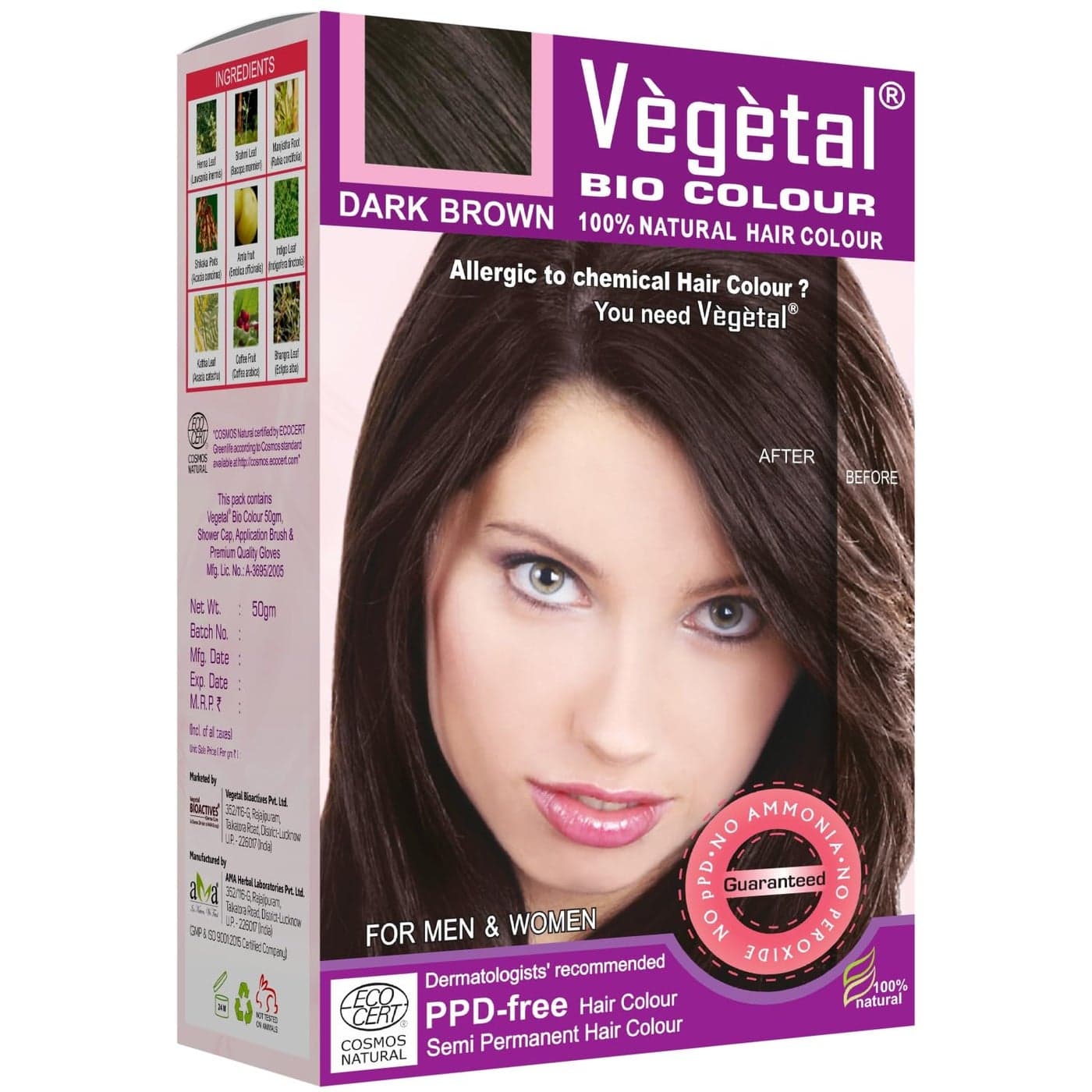 Vegetal Bio Hair Colour Dark Brown 150g Achieve Natural AmmoniaFree Hair Color PPDFree 100 Herbal Certified Organic for Men and Women UV Protection and Luster Maintenance Complete Kit