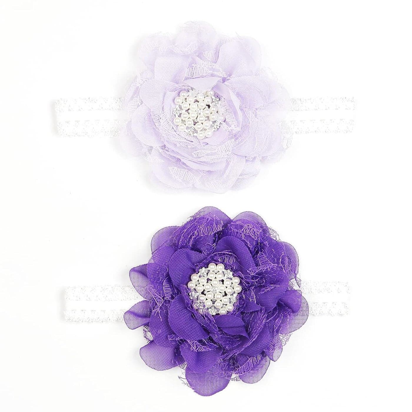 2pack Newborn Elactic Lace Crwon Headband Toddler Girls Fabric Flower Pearl Hairband for Baby Shower Birthday Gift PurpleLilac