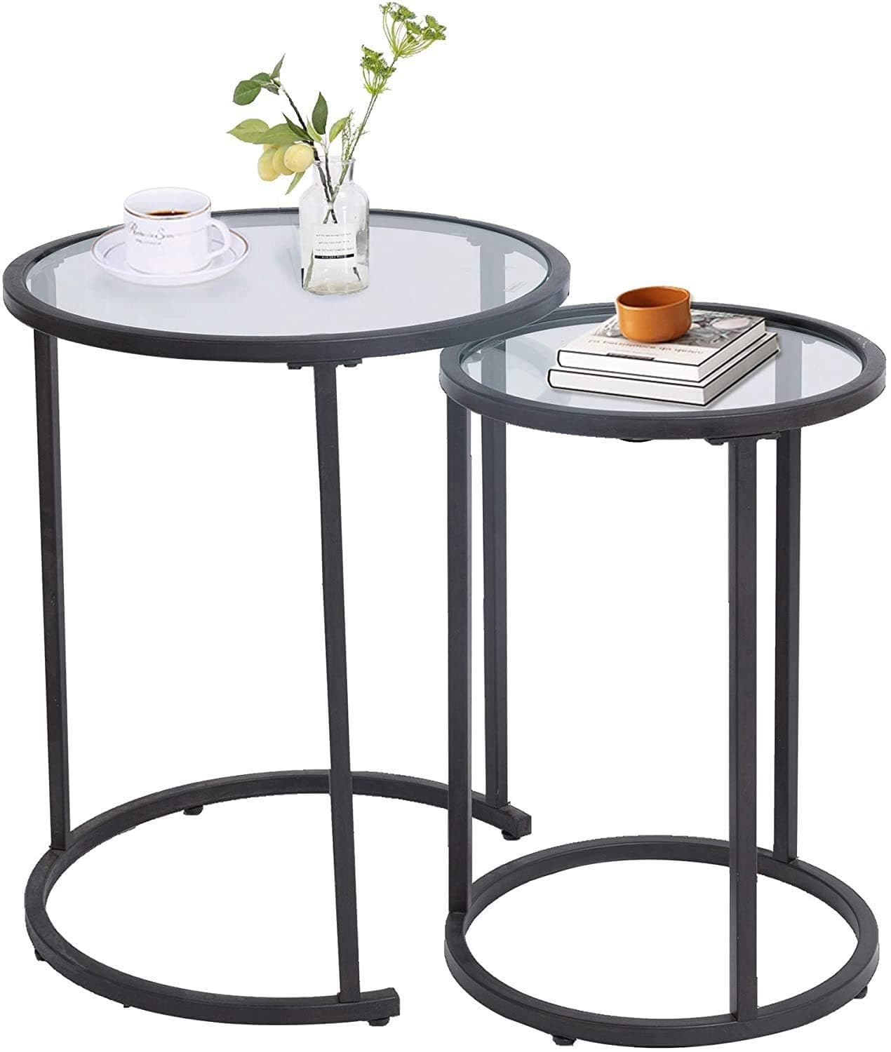 Indian Decor 45533 Round Acrylic TOP Nest of Tables Black Small Sofa Side Tables Set of 2 for Living Room Made in India