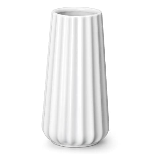 vancasso Ceramic Vase, 7.8 Inch Modern Ribbed Glossy Decorative Vase, Flower vase for Home Decor, Living Room, Bedroom, Office Decor, White