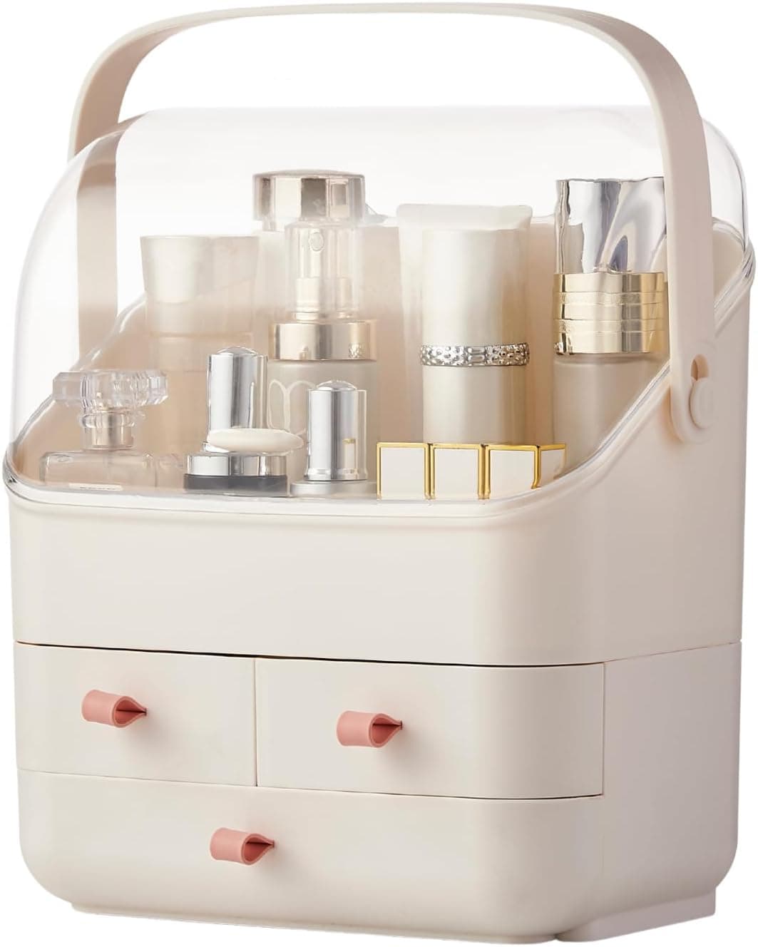SUNFICON Preppy Skincare Organizers Makeup Organizer Holder Beauty Cosmetic Storage Box Display Case Dust Free Cover Portable Handle 2 Rroomy Drawers Gift Great For Bathroom Countertop Ivory White
