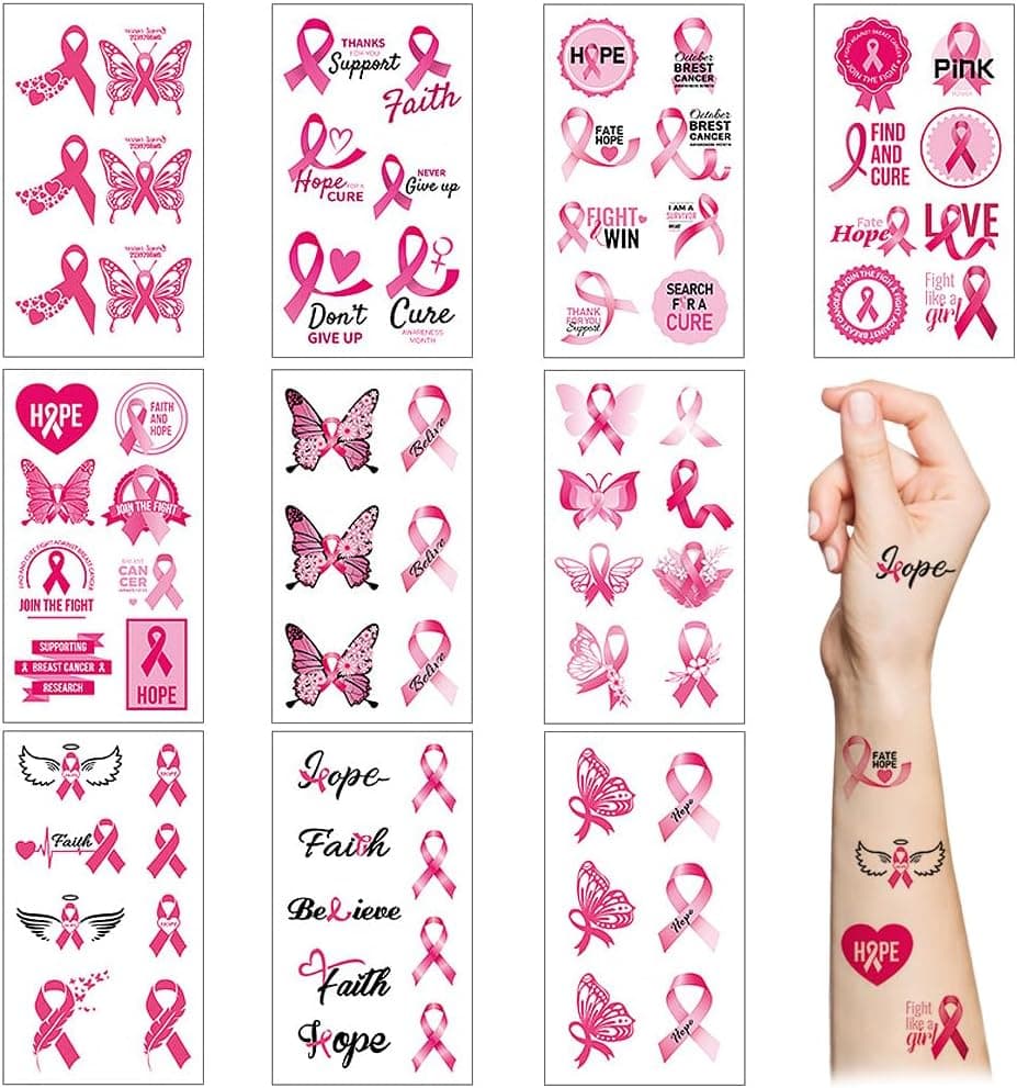 Pink Ribbon Temporary Tattoos10 Sheets Fake Waterproof Breast Cancer Awareness Tattoo Stickers for Women Girls Charity Public and Social Event