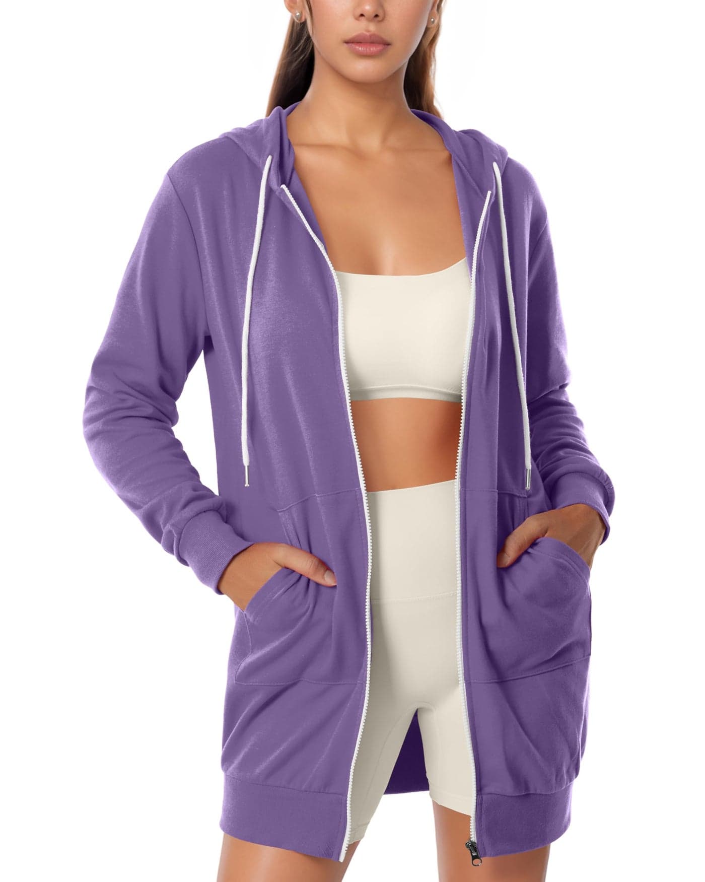 GIVON Womens Zip Up Long Tunic Hoodie Sweatshirt Lightweight Regular Fit Jacket with Pockets DCF100LAVENDERL