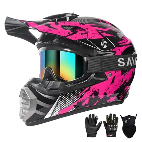 Youth Kids Motocross Helmet ATV Dirt Bike Helmet OffRoad BMX 4Wheeler Full Face Motorcycle Helmet WGoggles Gloves Mask DOT Approved Pink CamoS