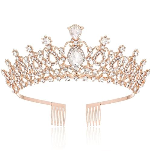 Shining Diva Fashion Crystal Tiara and Crown for Women Stylish Headband Crowns with Comb Tiaras for Girls Kids Queen Princess Wedding Bridal Birthday Gift Hair Accessories (Rose Gold) (rr15870hb)