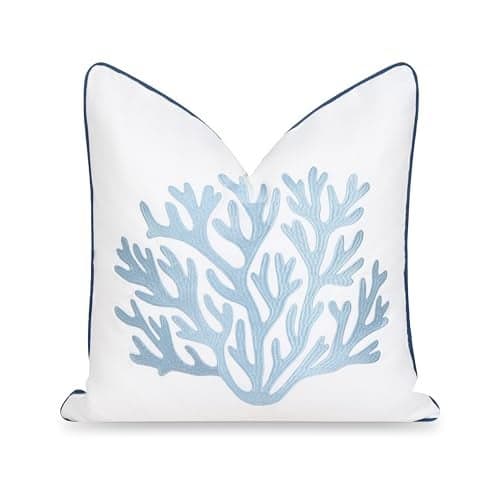 Hofdeco Premium Coastal Patio Indoor Outdoor Throw Pillow Cover Only 20x20 Water Repellent for Backyard Couch Navy Baby Blue Embroidered Sea Life Coral with Piping