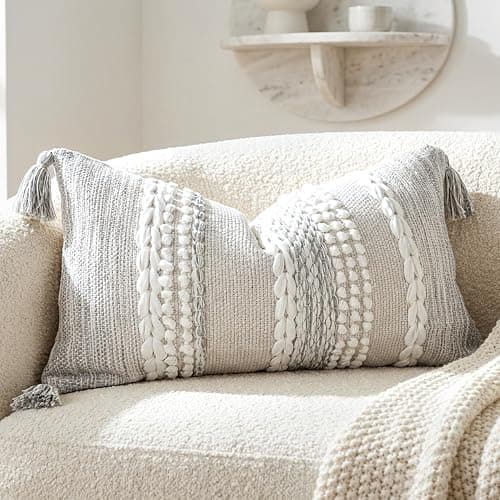 BlissBlush Gray Decorative Lumbar Pillow Cover 14x24, Boho Accent Throw Pillow Case for Couch Sofa Bed, Modern Farmhouse Textured Lumbar Cushion Bedroom Living Room, Cover ONLY