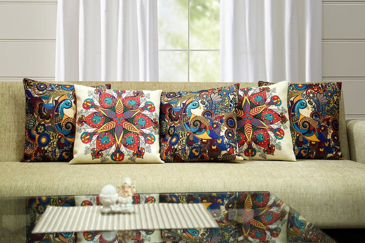 Belive-Me Home 3D Jute Multicolor Cushion Covers 16x16 inches Set of 5 - Multi Peacock Style
