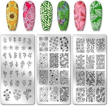 PH PandaHall 3PCS Nail Stamping Plates Nail Stencils Plant Print Nail Stamper Stainless Steel Nail Image Plates Flowers Leaf Nail Stamp Tool for Print Nail Stamper Nail Art Design 12x6cm