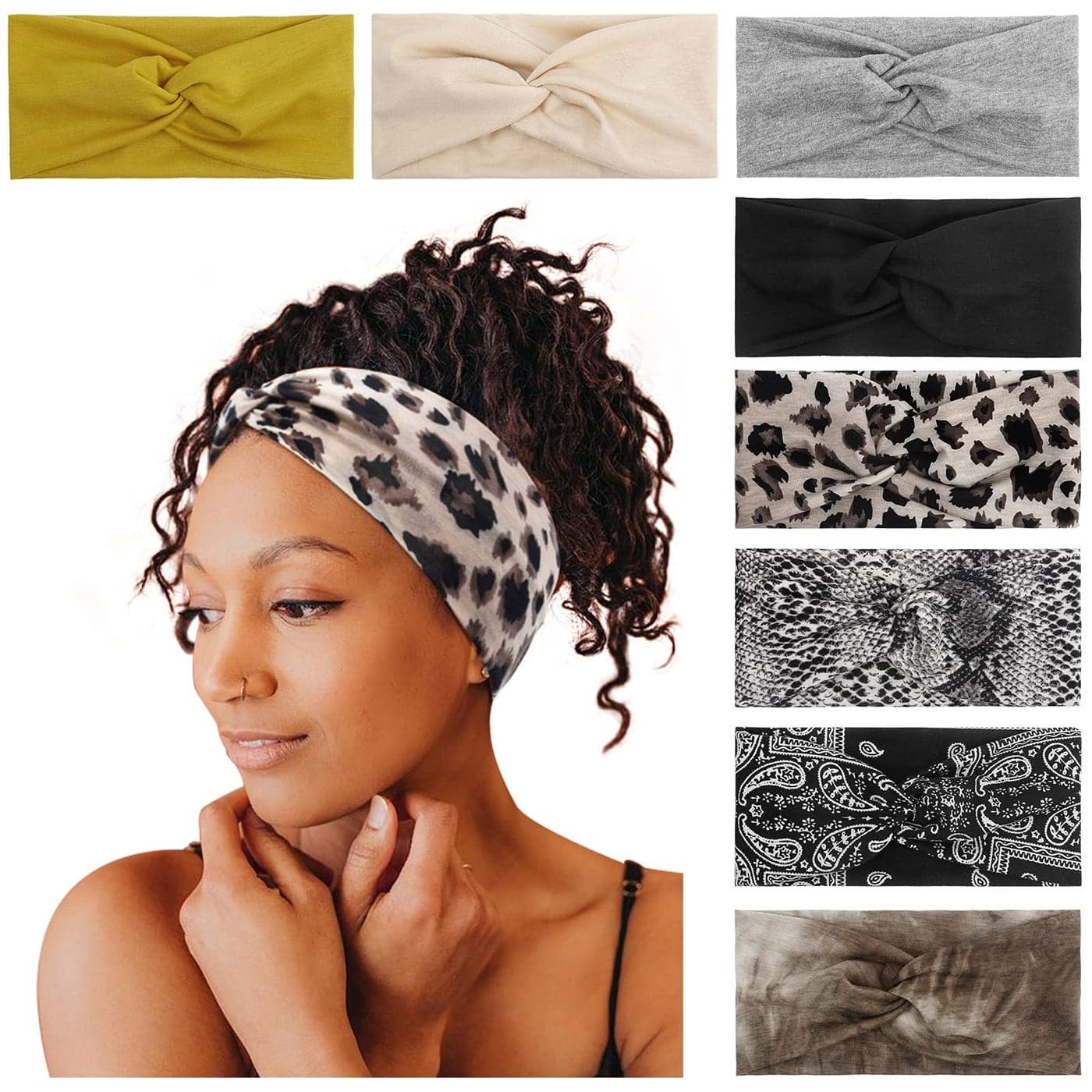 Tobeffect 8 Pack Turban Headbands for Women Non Slip Leopard Print Boho Head Wrap Accessories Elastic Hair Band for Womens Hair