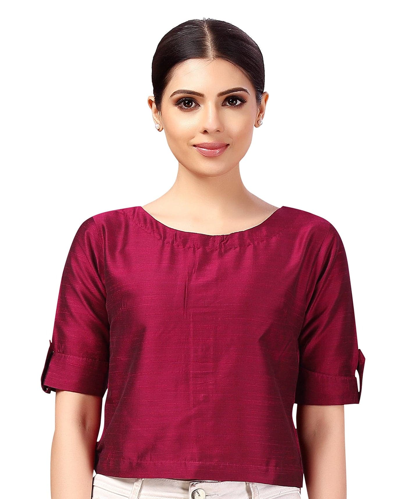 Studio Shringaar Women's Cotton Silk Crop Top Saree Half Sleeve Blouse(Wine, 38)