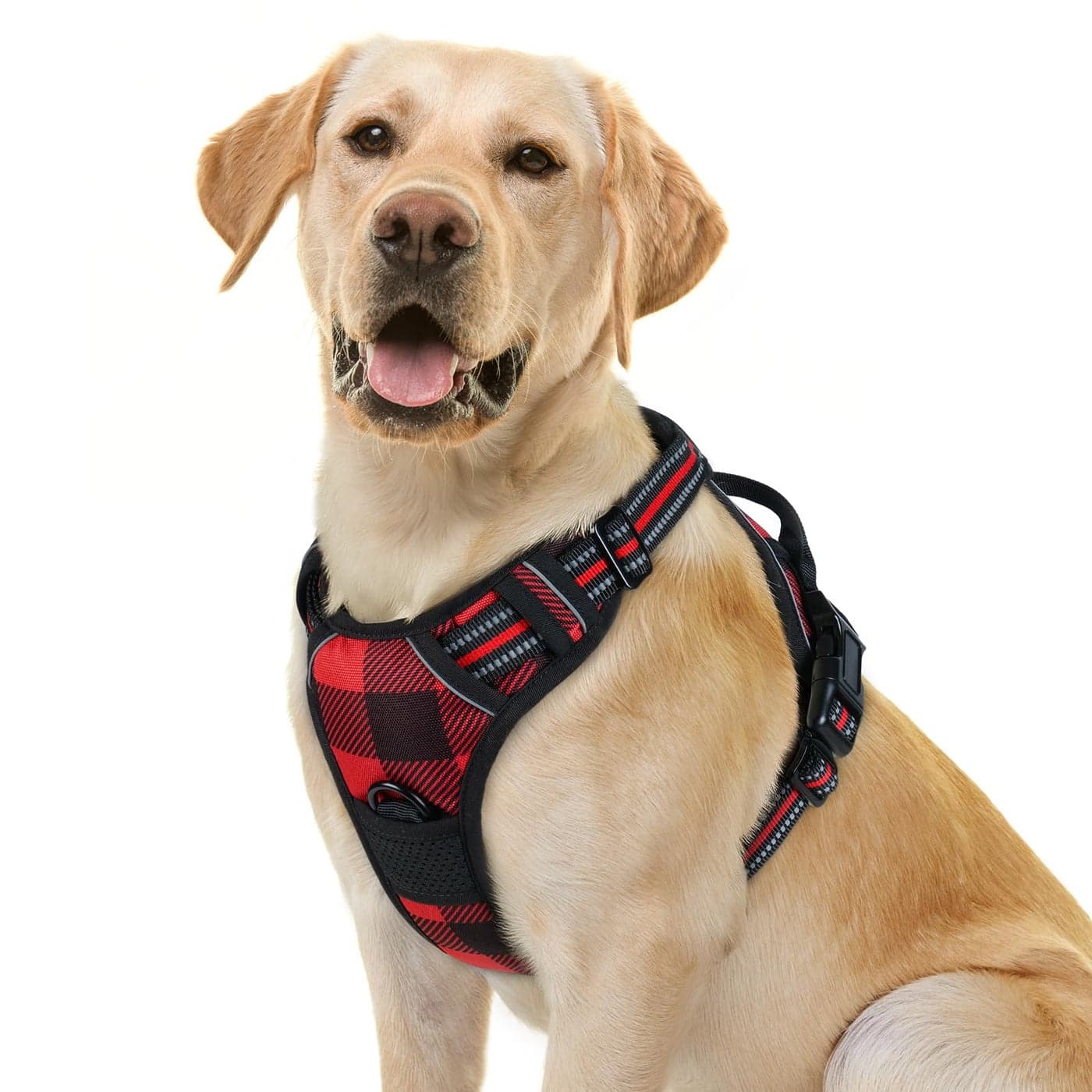 rabbitgoo Dog Harness No Pull with 2 Leash Clips, Adjustable Soft Padded, Reflective Oxford No Choke Pet Vest with Easy Control Handle for Large Dogs, Red Plaid, L