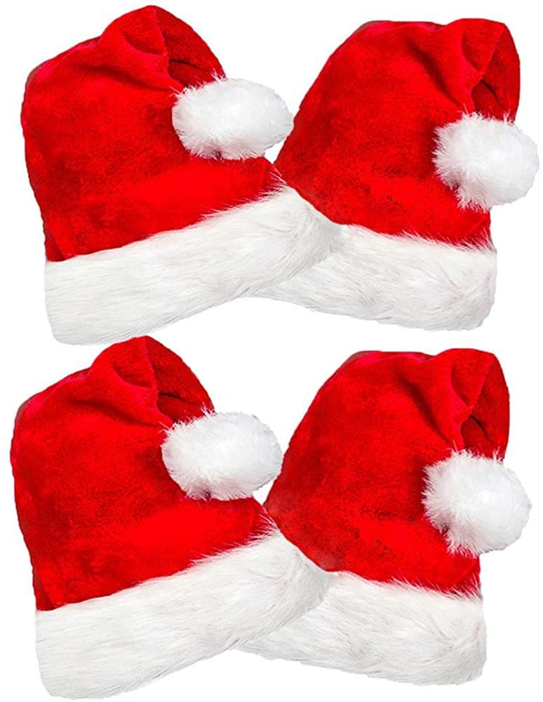 COOLJOY 4 Pack Plush Santa Hats Christmas Santa Hats for Christmas Party Adult size Xmas Holiday Hat for Unisex Kids Party Supplies