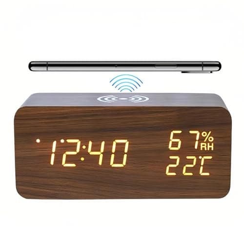 Lancoon Digital Alarm Clock with LED Wireless Charging Temperature and Humidity Display 3 Alarms Adjustable Brightness Sound Control for Bedroom Home Office Brown