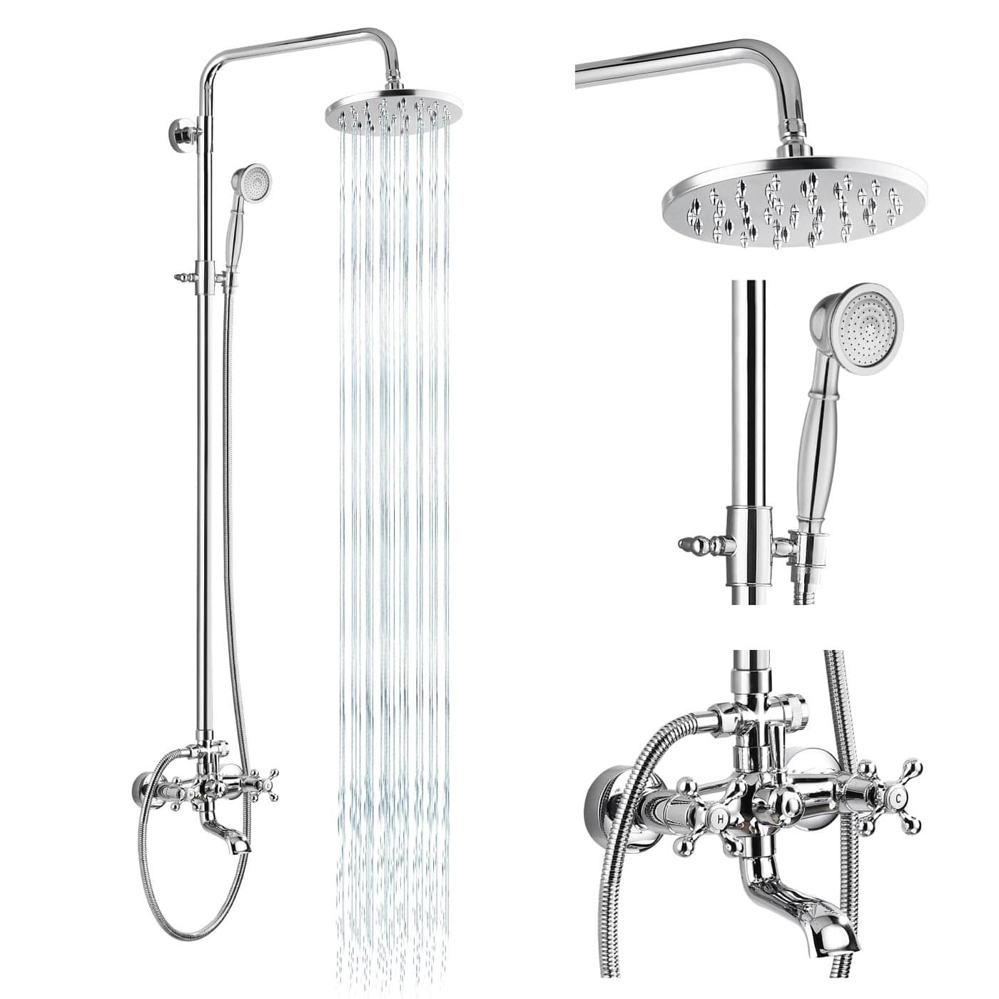 gotonovo Exposed Shower Faucet Set 8 Inch Rainfall Showerhead 3Function Shower Fixture with Tub Spout 2 Corss Handles Shower System Polish Chrome