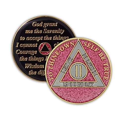 2 Year Sobriety Coin Glitter Triplate AA Chip Recovery Anniversary Token Pink