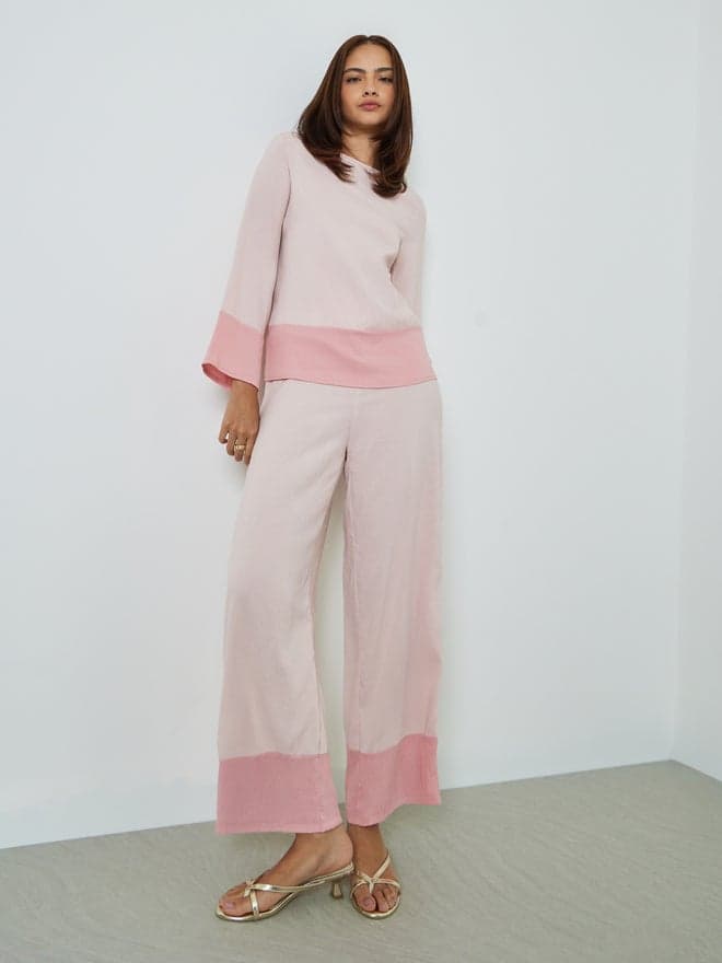 Styli Light Pink Contrast Border Top and Pants Modest Set