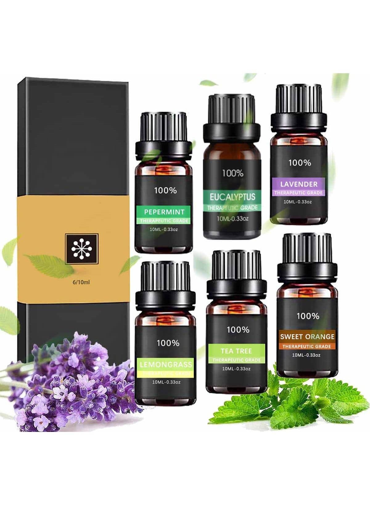 6 Pcs Essential Oils Set, 100% Pure Oils Kit, Aromatherapy Oils Gift Set, for Diffusers, Humidifiers, Massages, Aromatherapy, Candle Making, Skin and Hair Care, 10mL