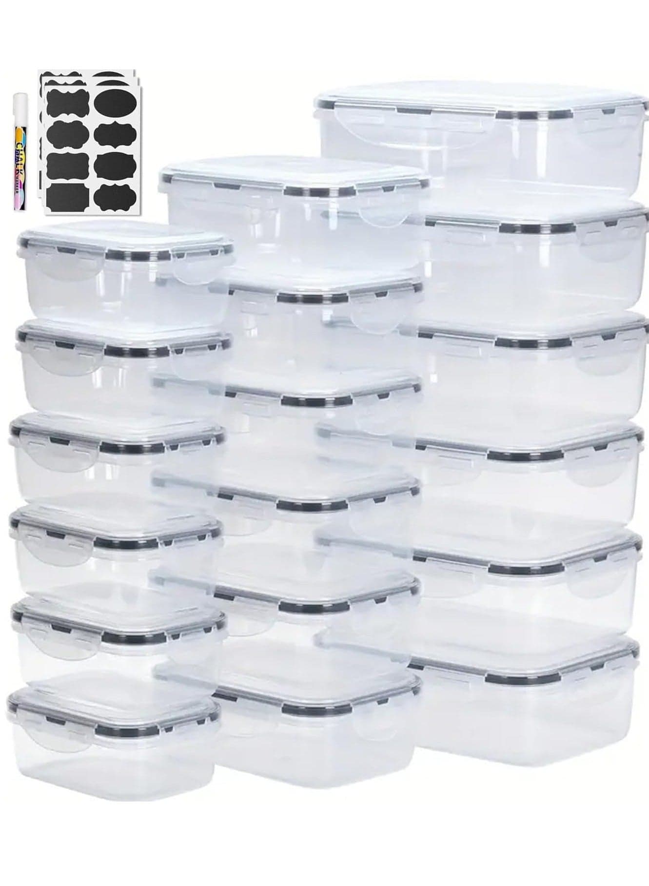 18pcs Food Storage Container Set with Locking Lids + 20 Labels, Large Rectangular (Space Saving) Airtight Plastic Meal Prep Containers for Kitchen & Fridge, BPA-Free & Microwave Safe