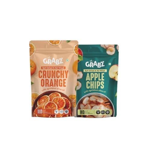 GRABZ Healthy Apple and Orange Chips with Natural Flavor | Air-Cooked, Low Cholesterol, High Fiber | 0.1% Olive Oil, Solar-Dehydrated | Snack for Kids, Tiffin and Travel Friendly (20g, Pack of 2)