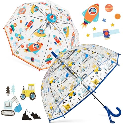 Fabbay 2 Pcs Kids Clear Bubble Umbrella with Easy Grip Curved Handle Transparent Bubble Umbrella for Toddler GirlsPlanet Dozer