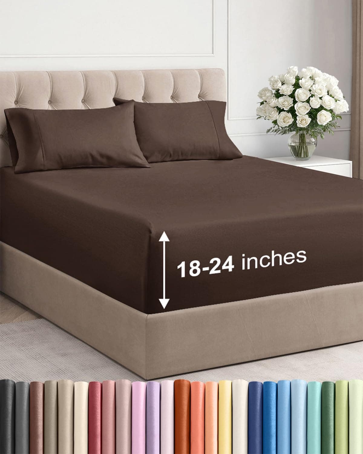Extra Deep Pocket Cal King Sheets 4 Piece Breathable Cooling Bed Sheets Hotel Luxury Bed Sheet Set Soft Wrinkle Free Comfy Easily Fits Extra Deep Mattresses Deep Pocket Brown Sheets Set