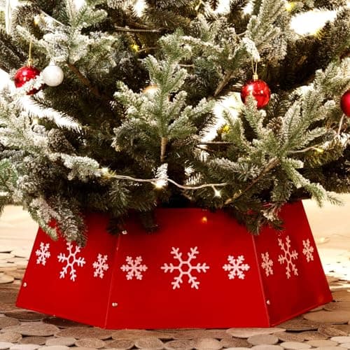 HarcoHome Metal Christmas Tree Collar with 3D Snowflake Authentic Hexagon HeavyDuty Iron Tree Base Cover for Pencil Tree Tree Ring Tree Skirt for Xmas Decoration Red with White Flakes