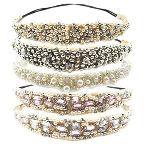 INSPIRELLE 5 Count Beaded Elastic Headband, Fashionable Handmade Imitation Pearl Beading Hairbands for Lady Women Girls