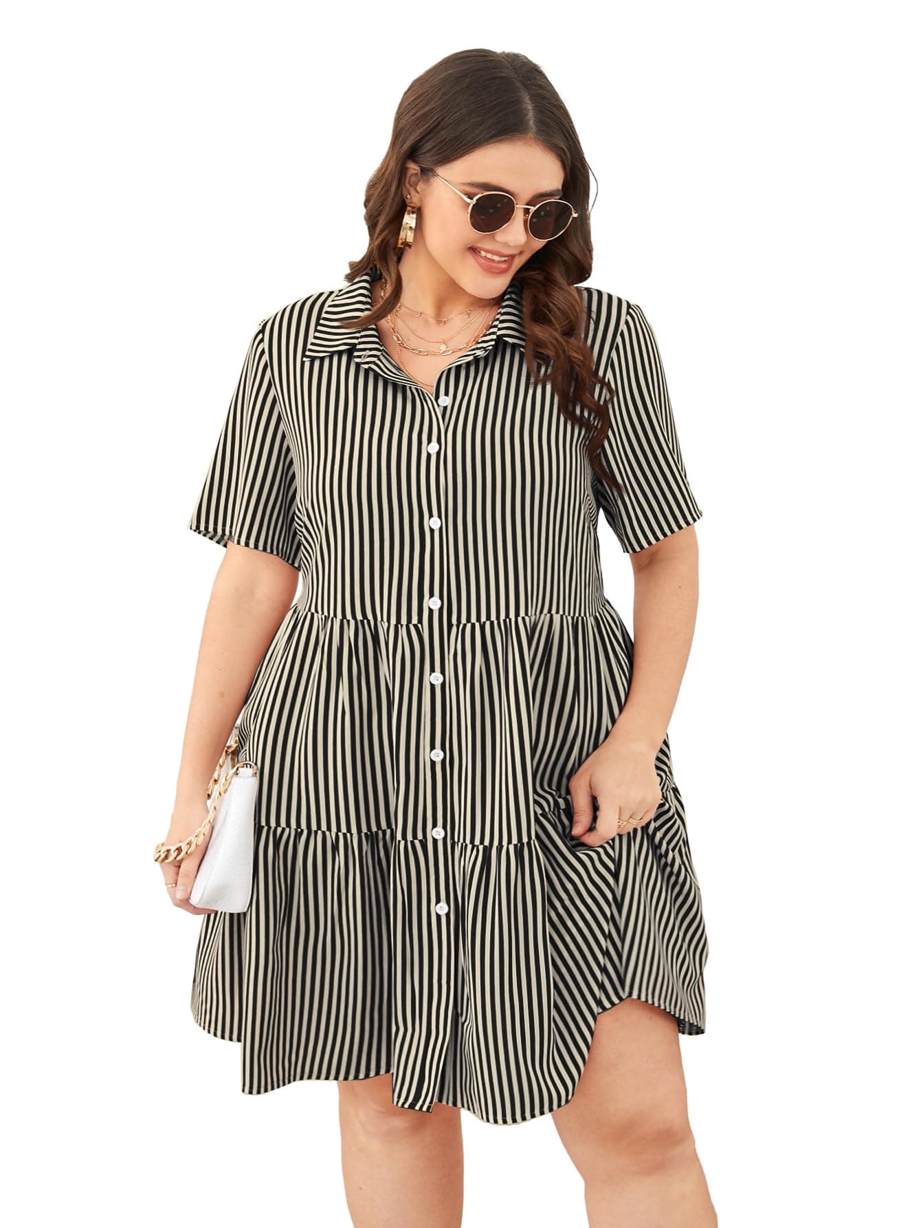 TADKEE Women's Plus Size Short Sleeve Striped Dress | Maternity | Maxi Western Dresses for Women (FN-Striped-Plus-Dress-134-Black-L)