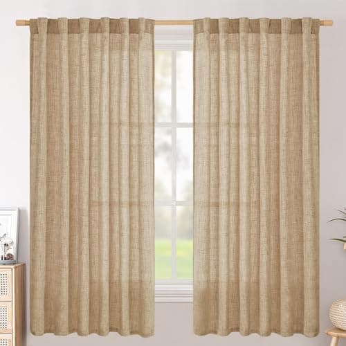 BGment Burlap Linen Curtains 63 Inch Length 2 Panels, Back Tab and Rod Pocket Semi Sheer Textured Window Drapes Light Filtering for Bedroom Farmhouse Living Room Privacy, 52 Inch Wide Each Panel
