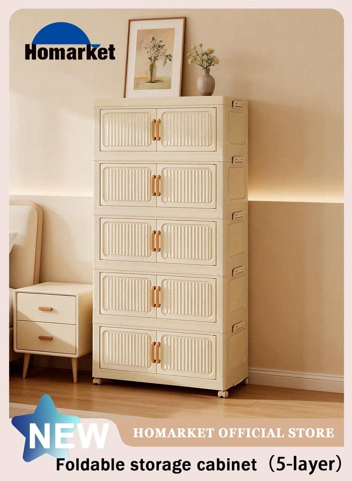 Stackable Storage Bins,5 Tier Foldable Storage Cabinet with a Lid,Collapsible Storage Box Stackable Storage Drawers with Wheels and Double Doors,60 x 28 x 132CM,Featuring open-front Access for Closet Storage,Bedroom, Living Room, Office